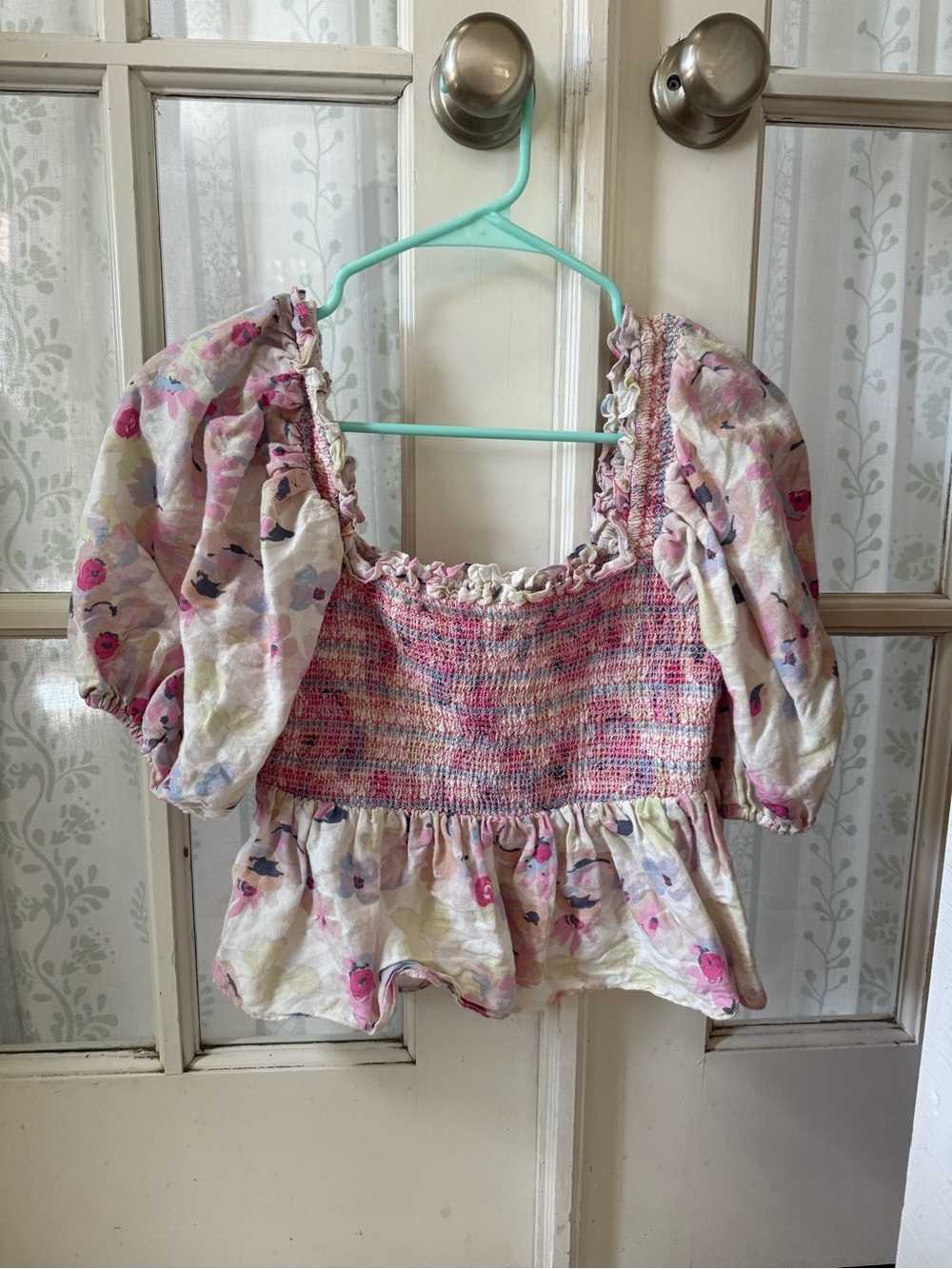 Revolve Something Navy Pastel Multi Smocked Floral Peplum Top